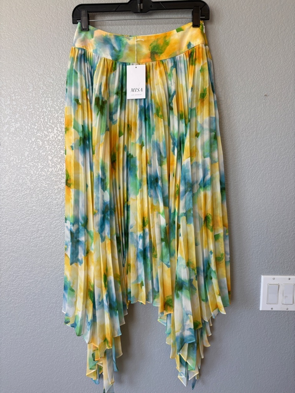 Misa Los Angeles Yellow, Green & Blue Handkerchief Hem Pleated Skirt